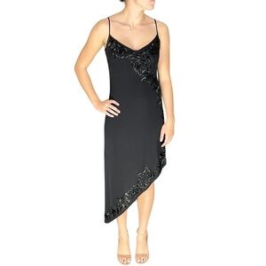 TADASHI SHOJI 90'S SPAGHETTI STRAP CAMI ASYMMETRIC HEM BEADED BLACK SLIP DRESS